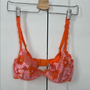 Vibrant Orange and Pink Lace Bra with Sheer Floral Design